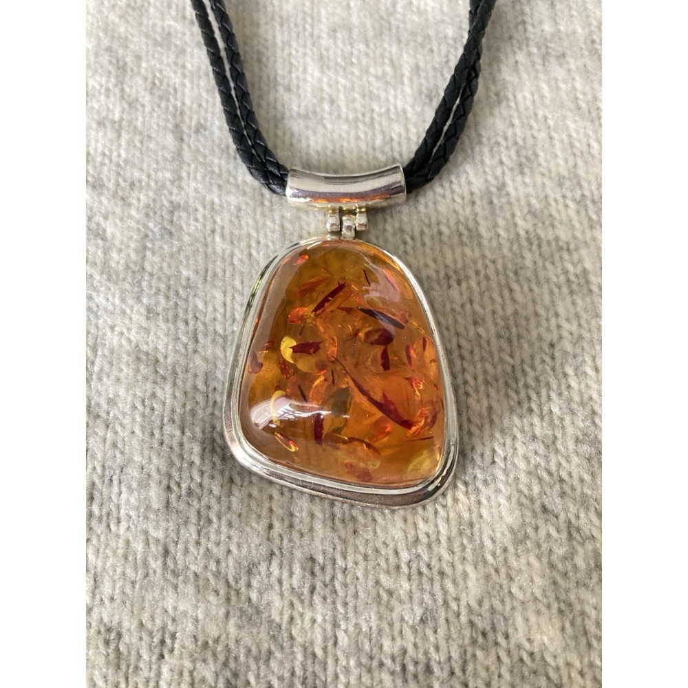 Faux Amber Resin Pendant Necklace Black Braided Cord Silver Tone Artsy Chunky‎